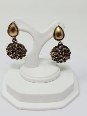 Gold Tone Rhinestone Drop Earrings Champagne Crystal Dome Dangle
